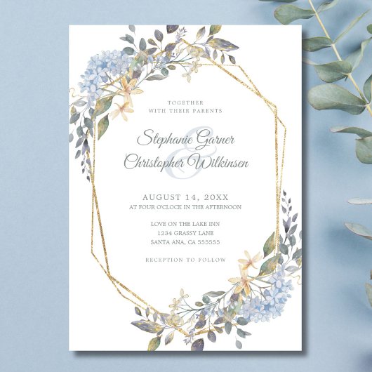Invitation Cadre Géométrique Doré Fleurs Mariage Bleu Poussié