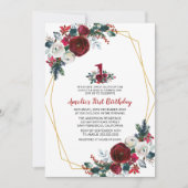 Invitation Cadre géométrique Fleurs Bourgogne Premier anniver (Devant)