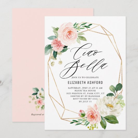 Invitation Cadre géométrique Or Flore rose Ciao Bella (Devant / Derrière)