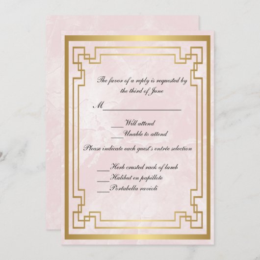 Invitation Cadre géométrique or Mariage en marbre rose (Devant / Derrière)
