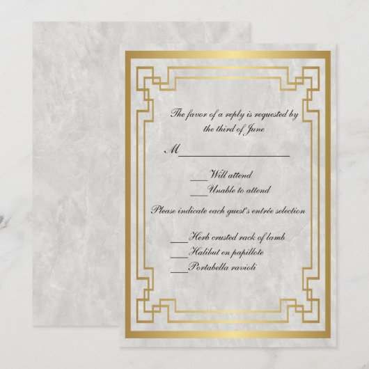 Invitation Cadre géométrique or mariage marbre blanc RSVP (Devant / Derrière)