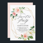 Invitation Cadre géométrique or rose florale douce 16 Partie<br><div class="desc">Cadre géométrique Or Rose Peach Aquarelle Florals Sweet 16 Party Invitation. Invitation sweet sixteen personnalisable avec aquarelle romantique bouquets de fleurs rose et blanc avec verdure et faux cadres géométriques de feuille d'or. Cette invitation au sweet sixteen floral est parfaite pour les douches nuptiales printanières et de jardin.</div>