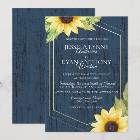 Invitation Cadre géométrique Sunflower bleu marine Mariage ru (Devant / Derrière)