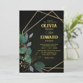 Invitation Cadre géométrique vert et or feuille mariage (Debout devant)