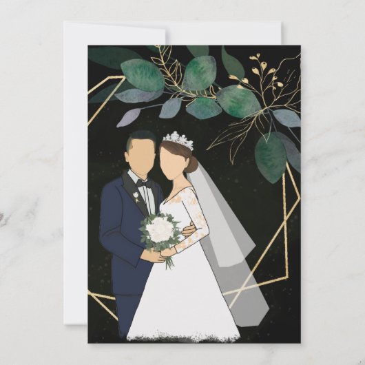 Invitation Cadre géométrique vert et or feuille mariage (Dos)