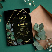 Invitation Cadre géométrique vert et or feuille mariage