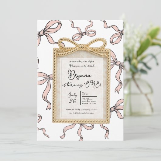 Invitation Cadre Gold Bow Bow Bow rose Bow 1er anniversaire (Debout devant)