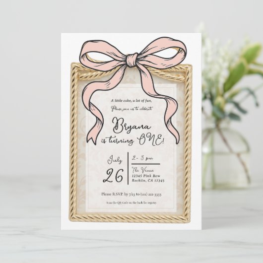Invitation Cadre Gold Bow Bow Bow rose Bow 1er anniversaire (Debout devant)