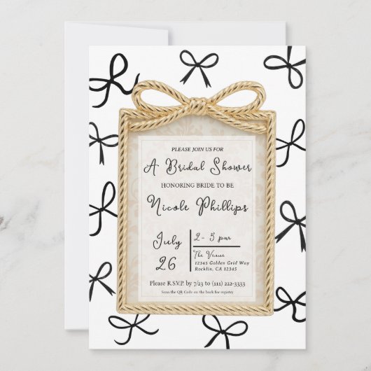 Invitation Cadre Gold Bow & Little Black Bows Fête des mariée (Devant)