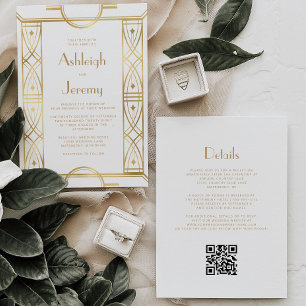 Invitation Cadre Gold Vintage Deco Blanc Code QR Mariage