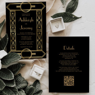 Invitation Cadre Gold Vintage Deco Code QR Mariage Noir