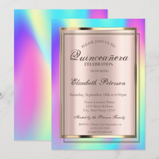 Invitation Cadre holographique couleur Ombre Quinceañera (Devant / Derrière)