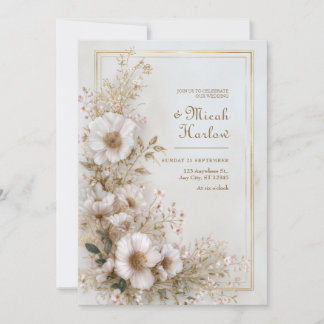 Invitation Cadre Ivoire Rose Pâle Or Fleur Aérienne Mariage