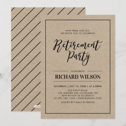 Invitation Cadre Kraft et noir | Parti de la retraite moderne (Devant / Derrière)