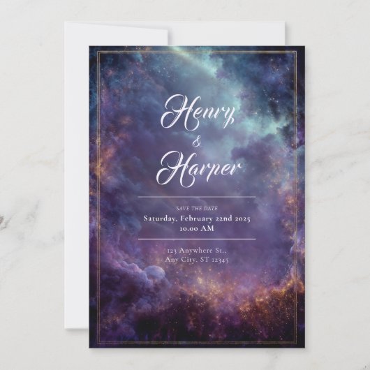 Invitation Cadre Luxe Céleste Nébuleuse Violet Or Mariage (Devant)