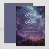 Invitation Cadre Luxe Céleste Nébuleuse Violet Or Mariage (Devant / Derrière)