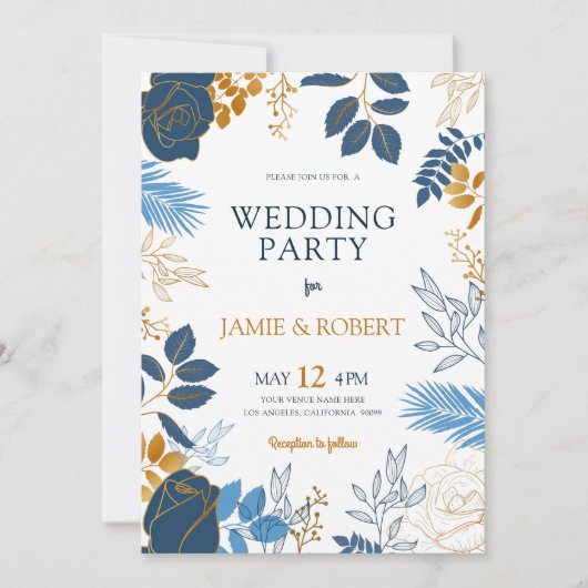 Invitation Cadre mariage de fleurs bleu et or (Devant)