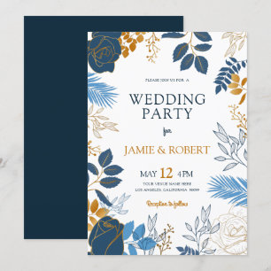Invitation Cadre mariage de fleurs bleu et or
