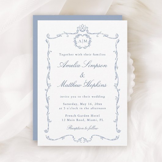 Invitation Cadre Mariage Moderne Classique Français Bleu Pous