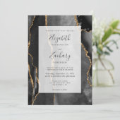 Invitation Cadre Moderne Agate Noir Mariage Or (Debout devant)