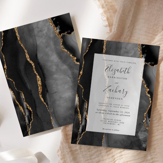 Invitation Cadre Moderne Agate Noir Mariage Or