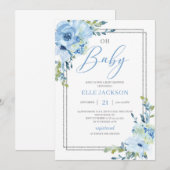 Invitation Cadre moderne bleu floral argenté bleu poussiéreux (Devant / Derrière)