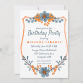 Invitation Cadre moderne de fleurs bleues et orange Anniversa (Devant)