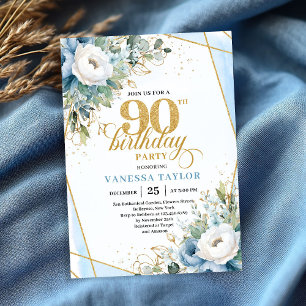 Invitation Cadre moderne de script or bleu poussiéreux pour 9