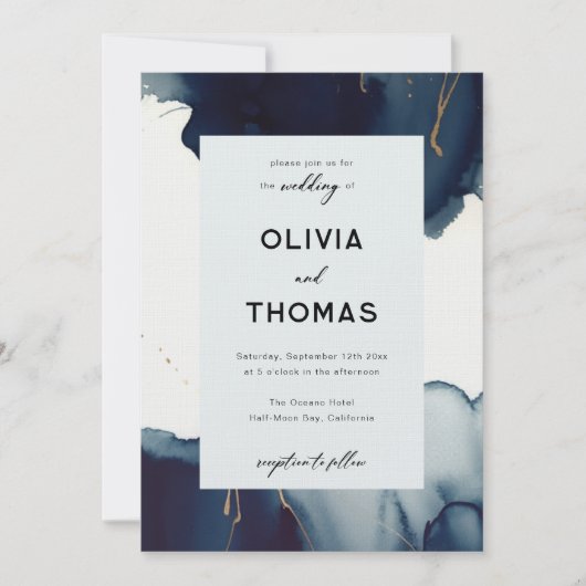 Invitation Cadre moderne Marine Bleu Or Plage Bohème Mariage (Devant)