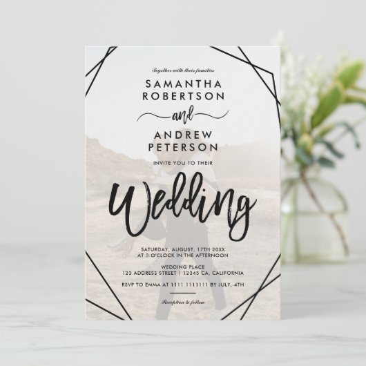 Invitation Cadre noir chic simple script photo mariage (Debout devant)