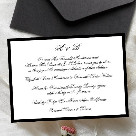 Invitation Cadre noir classique Mariage de monogramme officie