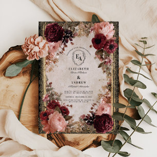 Invitation Cadre Or antique avec fleurs rouges profondes