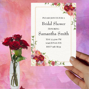 Invitation Cadre or avec Fête des mariées de jolies fleurs
