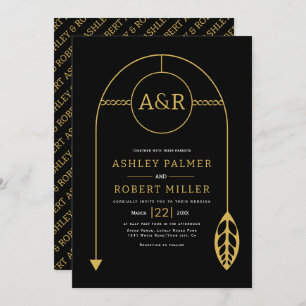 Invitation Cadre or avec feuille, initiales mariage noir