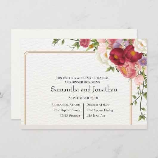 Invitation Cadre or avec répétition de fleurs (Devant / Derrière)