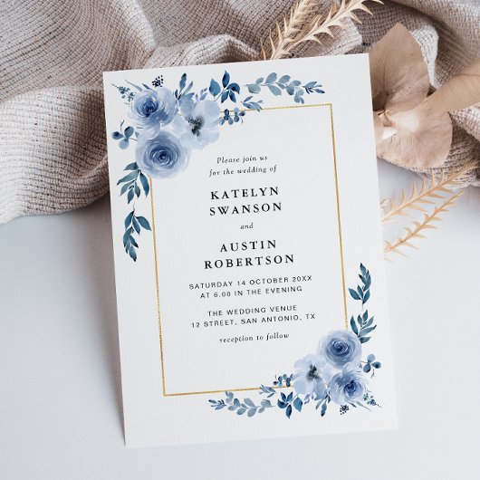 Invitation cadre or bleu mariage floral