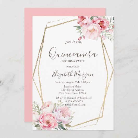 Invitation Cadre Or Blush Rose Quinceañera (Devant / Derrière)