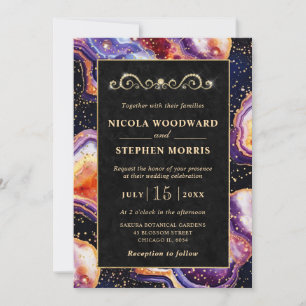 Invitation Cadre Or Élégant Agate Céleste Violette de Mariage