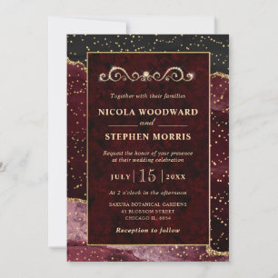 Invitation Cadre Or Élégant Agate Rouge Mariage