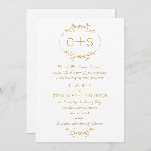 Invitation Cadre or et initiales élégant mariage monogramme (Devant / Derrière)