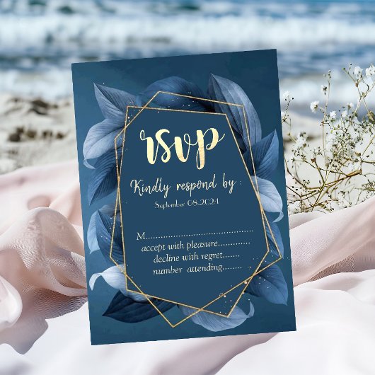 Invitation Cadre Or Feuille bleu