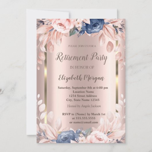 Invitation Cadre Or, Fleurs Bleues Rose Retraite Or (Devant)