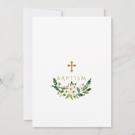 Invitation Cadre Or Luxe Fleurs Blanches Fille Baptême (Dos)