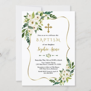 Invitation Cadre Or Luxe Fleurs Blanches Fille Baptême