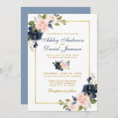 Invitation Cadre or Mariage bleu pâle rose rose (Devant / Derrière)