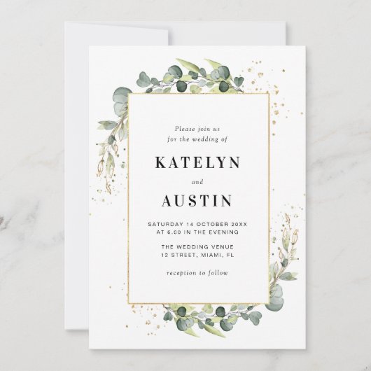 Invitation cadre or mariage de verdure eucalyptus (Devant)