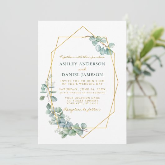 Invitation Cadre Or mariage Eucalyptus Aquarelle Verdure (Debout devant)