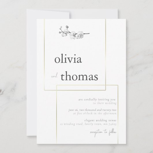 Invitation Cadre or moderne Boho Black White Orchid Mariage (Devant)