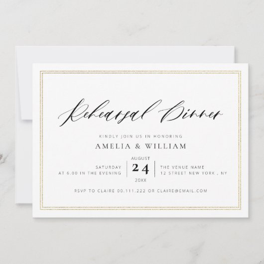 Invitation cadre or noir lettrage de répétition dîner (Devant)