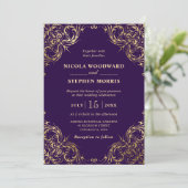 Invitation Cadre Or Ornament élégant sur Mariage violet (Debout devant)